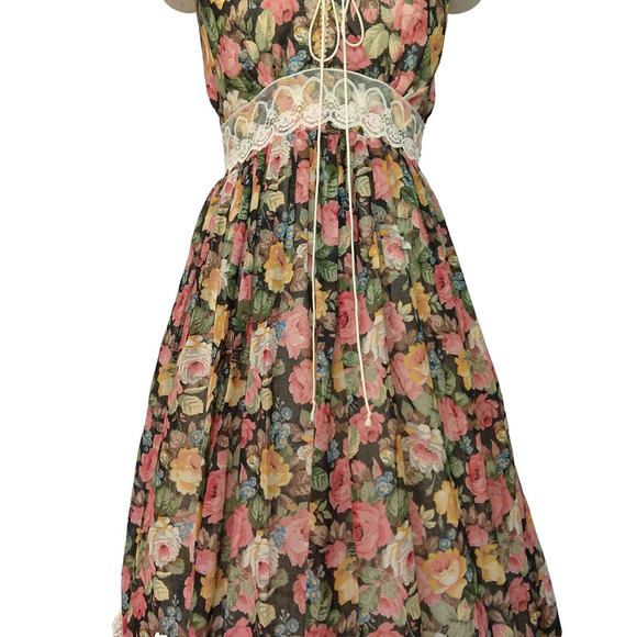 Gunne Sax Black Floral Corset Maxi Dress Size 13 Vintage 70s Prairie Roses Lace - Picture 5 of 15